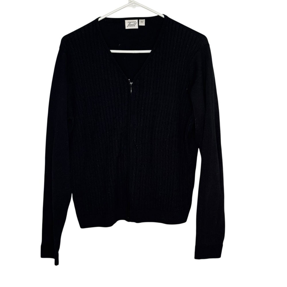 Women’s Tail Size Med Black Pima Cotton/Viscose Zip Up V-Neck Cable Knot Sweater